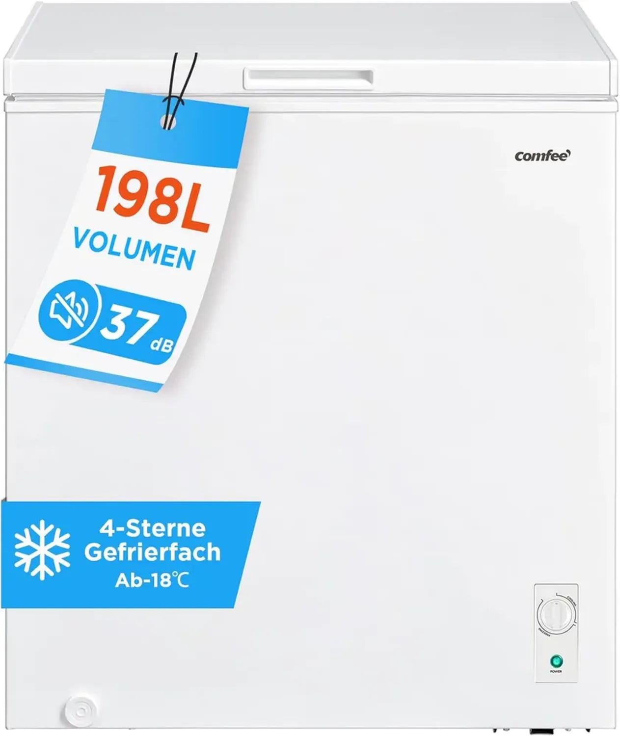 Comfee 198L Tiefkühltruhe, leise 37 dB, 4-Sterne-Gefrierklasse, Kühl- und Gefrierfunktion, Schnellgefrierung, Energiespar-Inverter