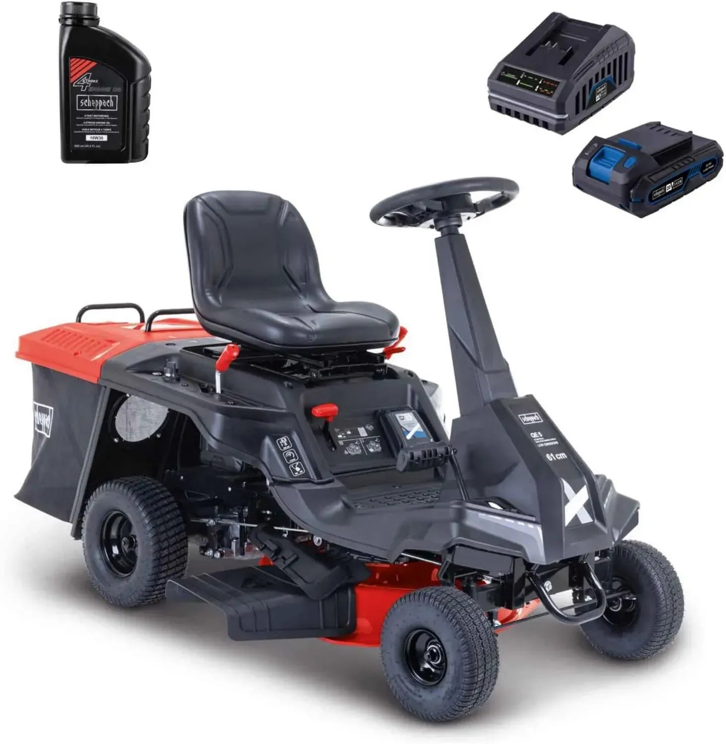 Scheppach Aufsitzmäher Benzin 6PS, E-Start, 61cm Schnitt, 150L Fangkorb, Vor- und Rückwärtsgang
