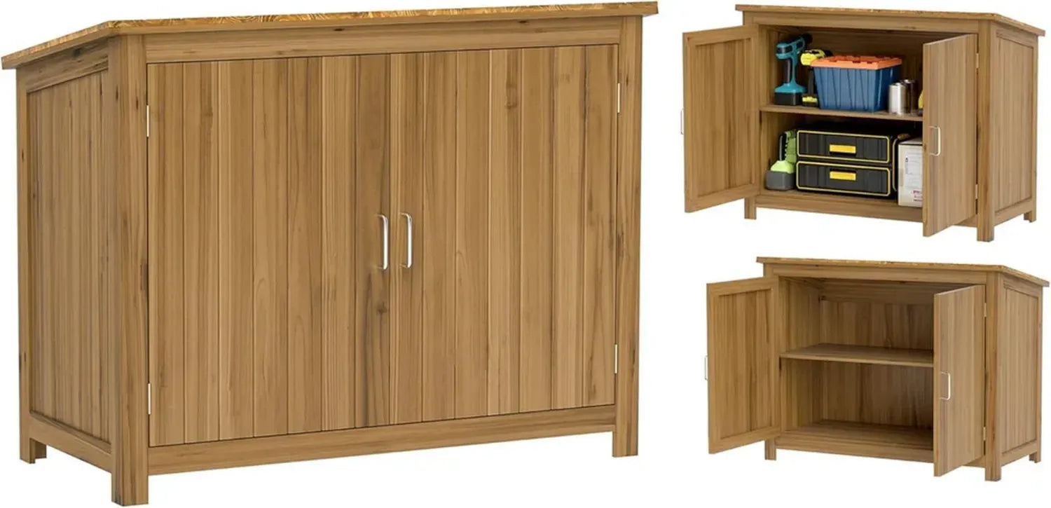 Wetterfester Holz-Gartenschrank mit Pultdach und Ablage, 110x50x85cm, Braun