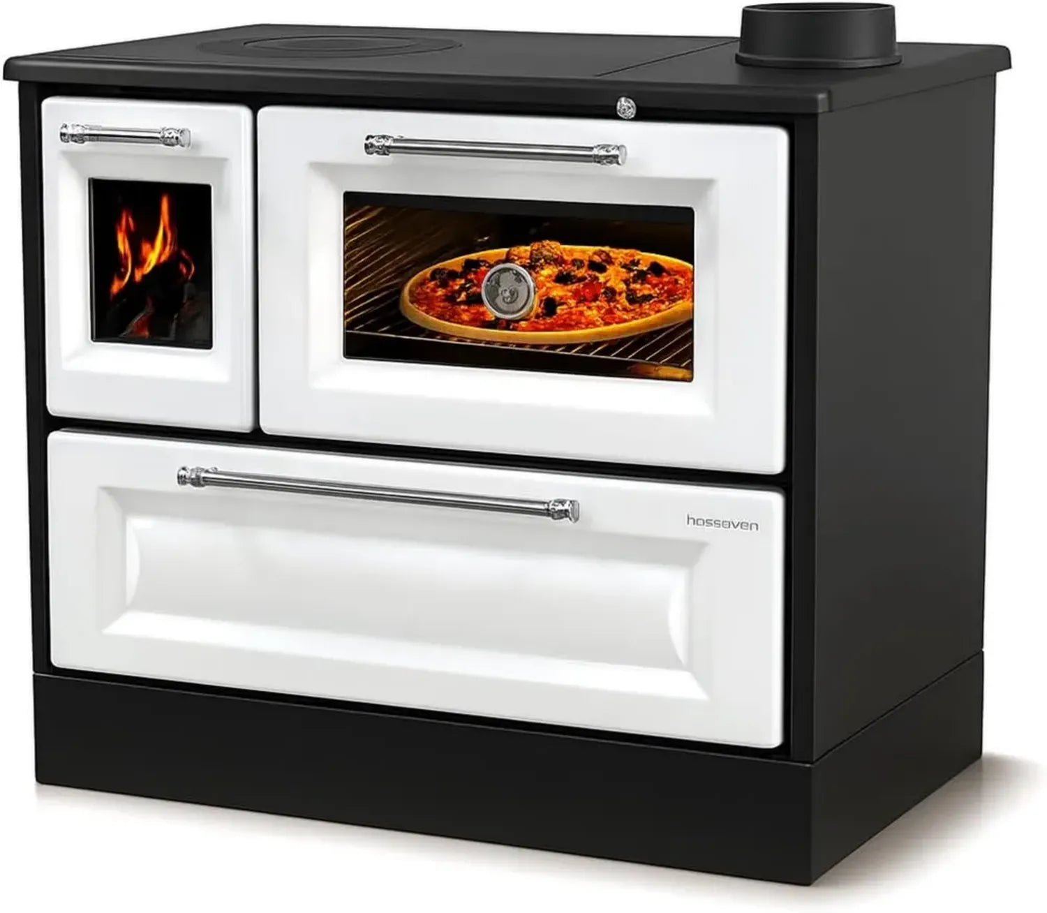 Multifunktionaler Kaminofen mit Backfach, Herdplatte und 8 kW Leistung