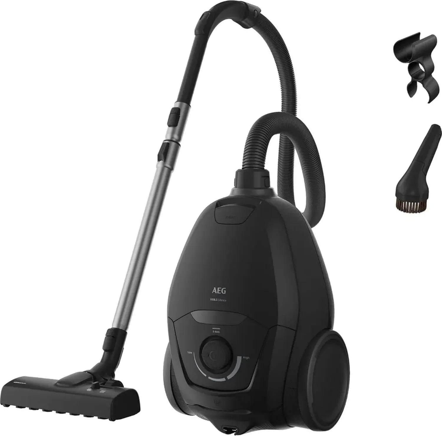 AEG Staubsauger mit Beutel, leise 64 dB, 750 W Leistung, ergonomischer Griff, 12 m Radius, HEPA Allergiefilter, Allzweckdüse, Schwarz, VX83-2EBR