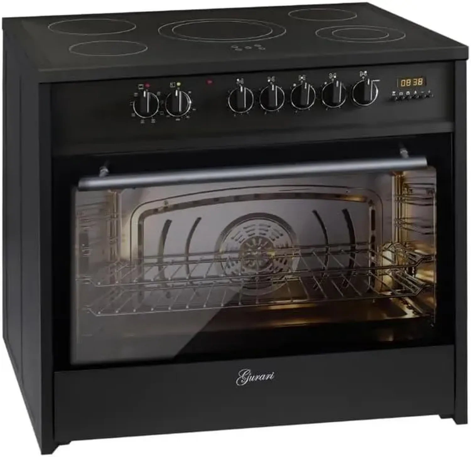 Großer Elektro-Standherd 90cm mit Glaskeramik, 8 Funktionen, Heißluft und Grill, 121L Volumen, 5 Hi-Light Kochzonen, Teleskopauszug - Schwarz