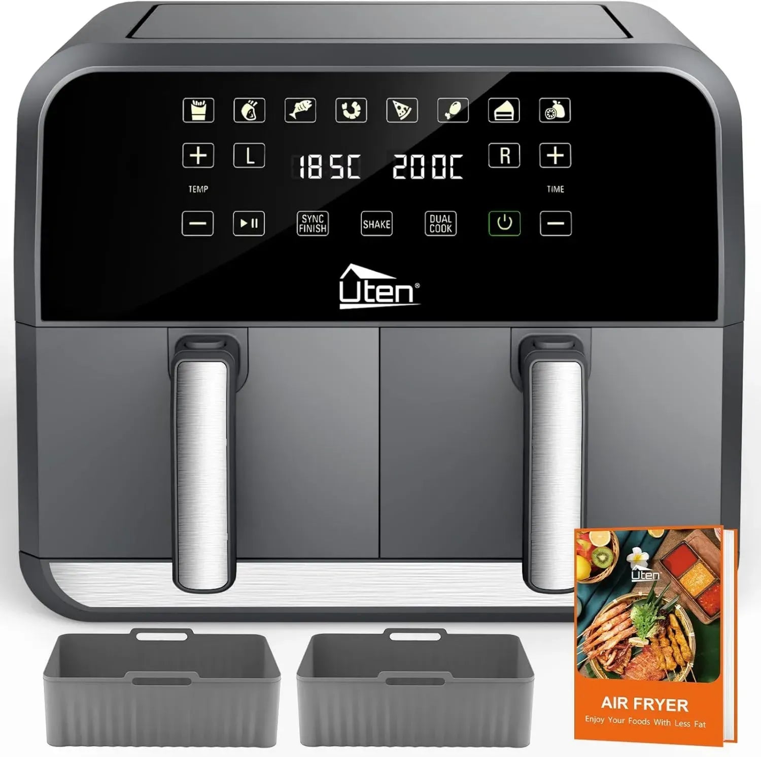 Uten Dual Zone Heißluftfritteuse 8L, XXL Airfryer mit 2 Fächern, Digitaldisplay, 114 Rezepte, SYNCHRO-FINISH, Silikonmatten, Shake-Erinnerung, Spülmaschinengeeignet