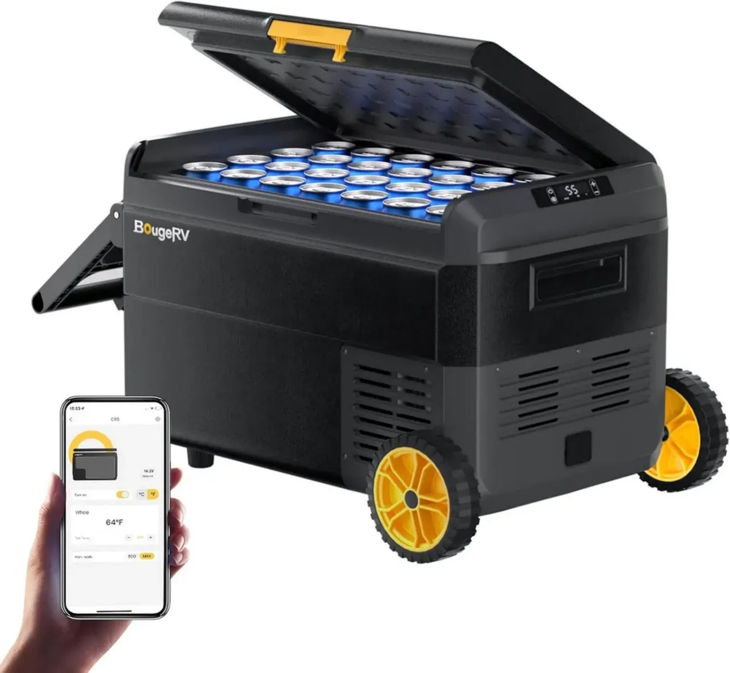 BougeRV 40L Kompressor-Kühlbox mit App-Steuerung, 12V/230V, Robuste Rollen & Griffe, IPX4 Wasserdicht, Ideal für Auto, Camping & Angeln