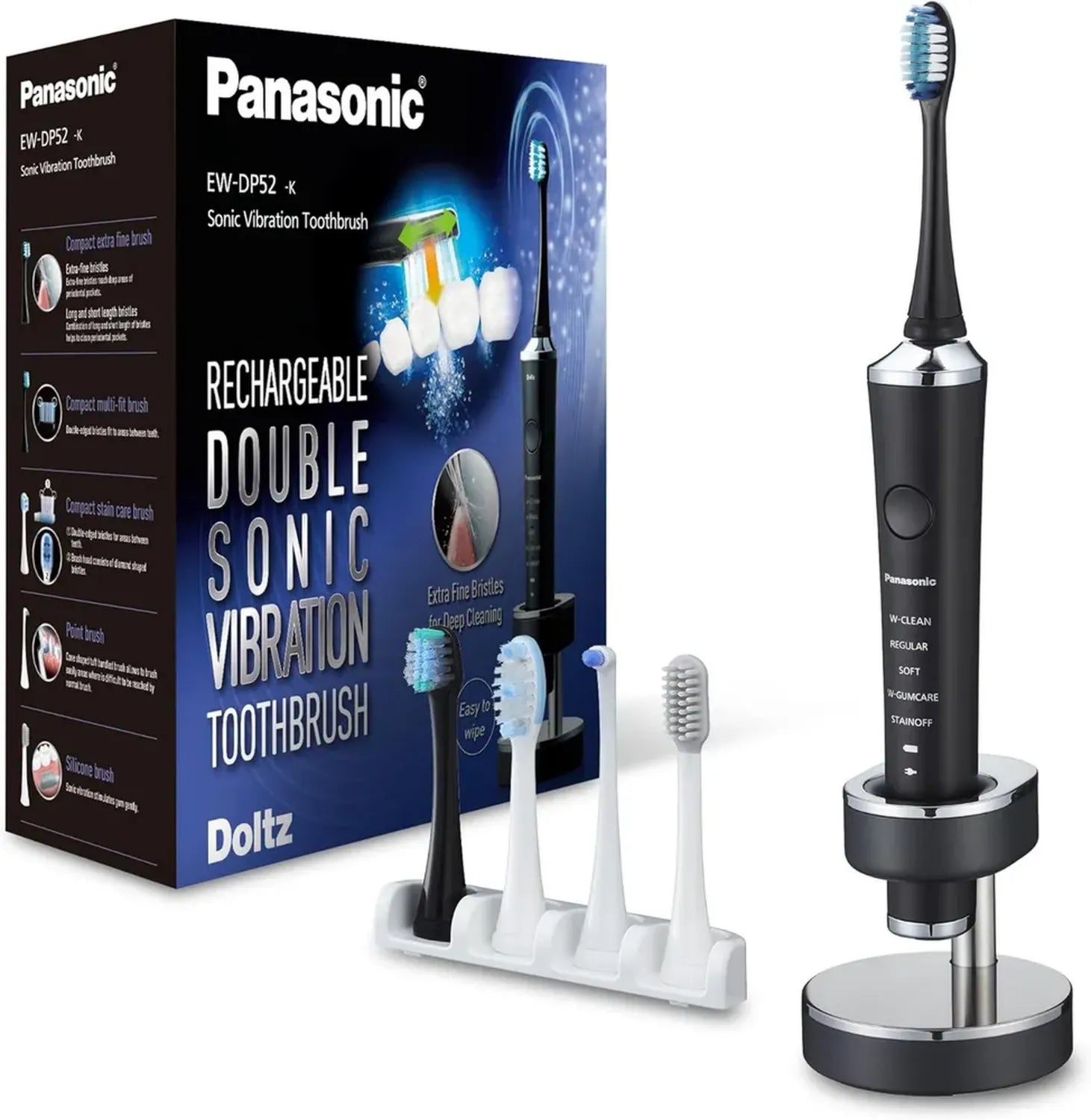 Panasonic EW-DP52-K803 Schall-Zahnbürste, präzise Reinigung, Multi-Fit Design, Anti-Farbtechnologie, Austauschbare Bürsten, Ladestation, lange Akkulaufzeit, Schwarz