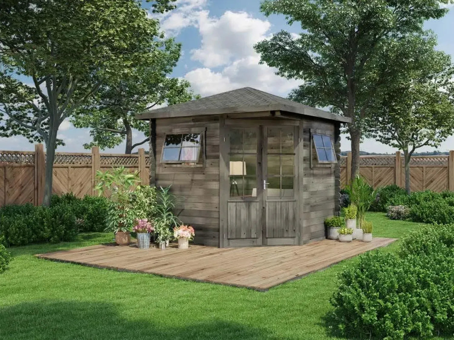 Holz Gartenhaus Sunny-B mit fünfeckigem Design, imprägniert, 250x250 cm, 28 mm Wandstärke, Spitzdach, Grau